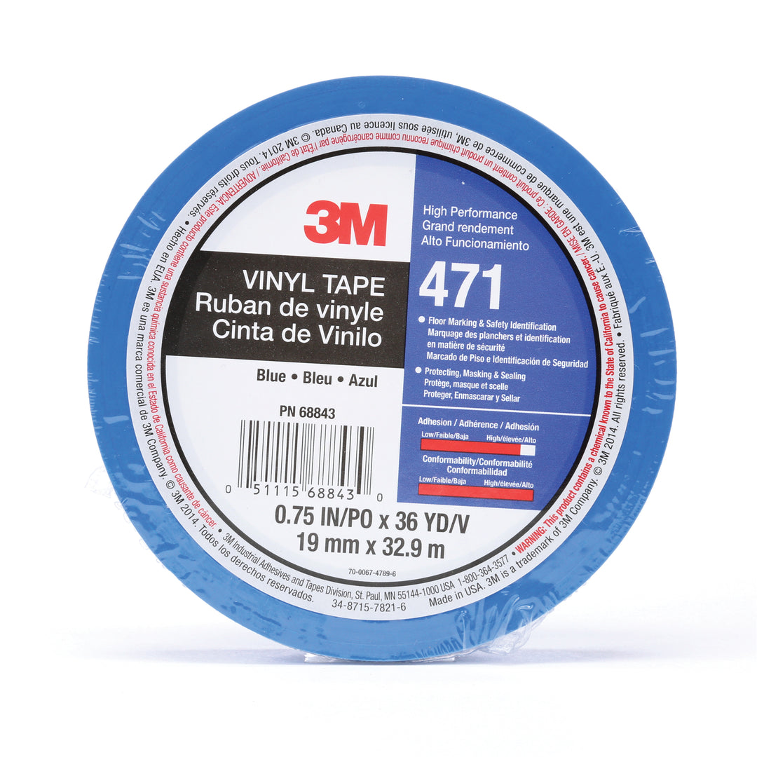Electrical Tapes 3M 471-3/4X36-BLU-IW Vinyl Tape 471 in Blue (3/4 Inch x 36 Yards x 5.2 mil) - Individually wrapped