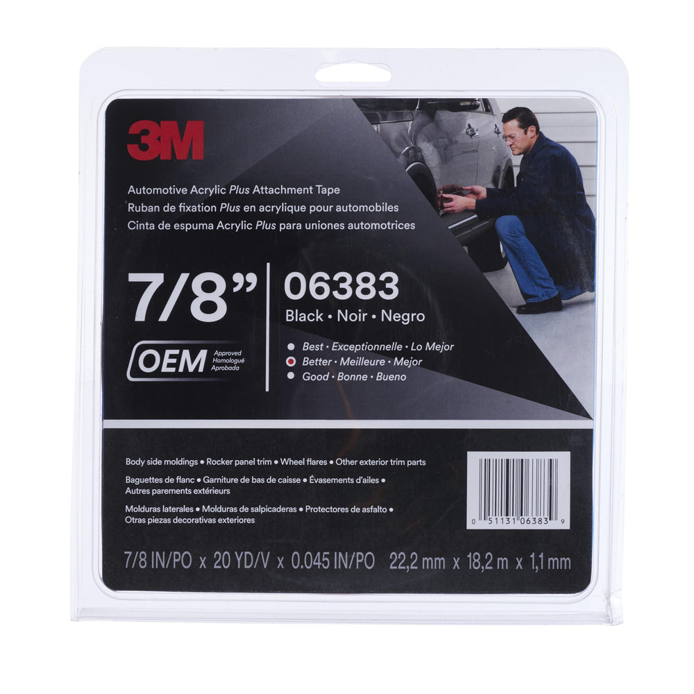 3M Automotive Acrylic Plus Attachment Tape, 06383, Black, 7/8 in x 20