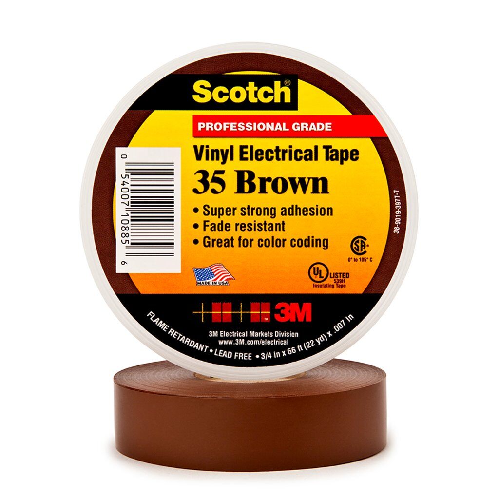 Electrical Tapes 3M 35-1/2X20BR Professional Grade Vinyl Electrical Colour Coding Tape 35 in Brown (7 mil 1/2 Inch x 20 ft)