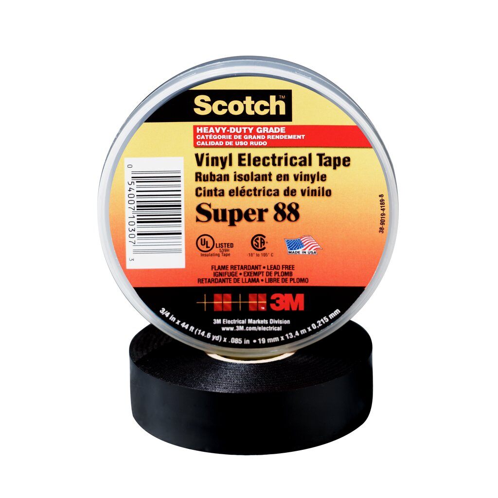 Electrical Tapes 3M SUPER88-1X36 Professional Grade Heavy Duty Vinyl Electrical Tape Super 88 Black 8.5mil (0.22) 1 Inch x 108 ft (25 mm x 33 m)