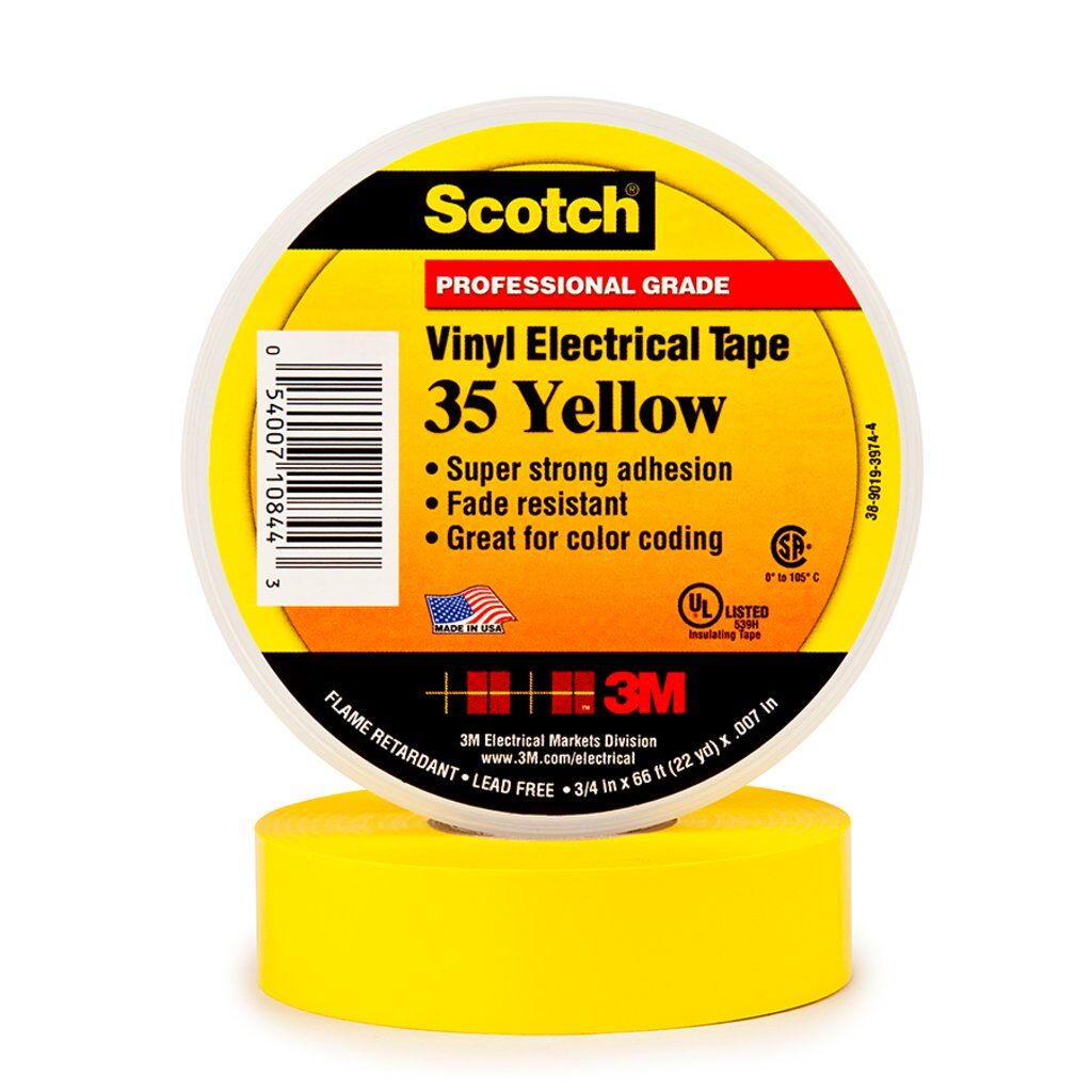 Electrical Tapes 3M 35-1/2X20YL Professional Grade Vinyl Electrical Colour Coding Tape 35 in Yellow (7 mil x 1/2 Inch x 20 ft)
