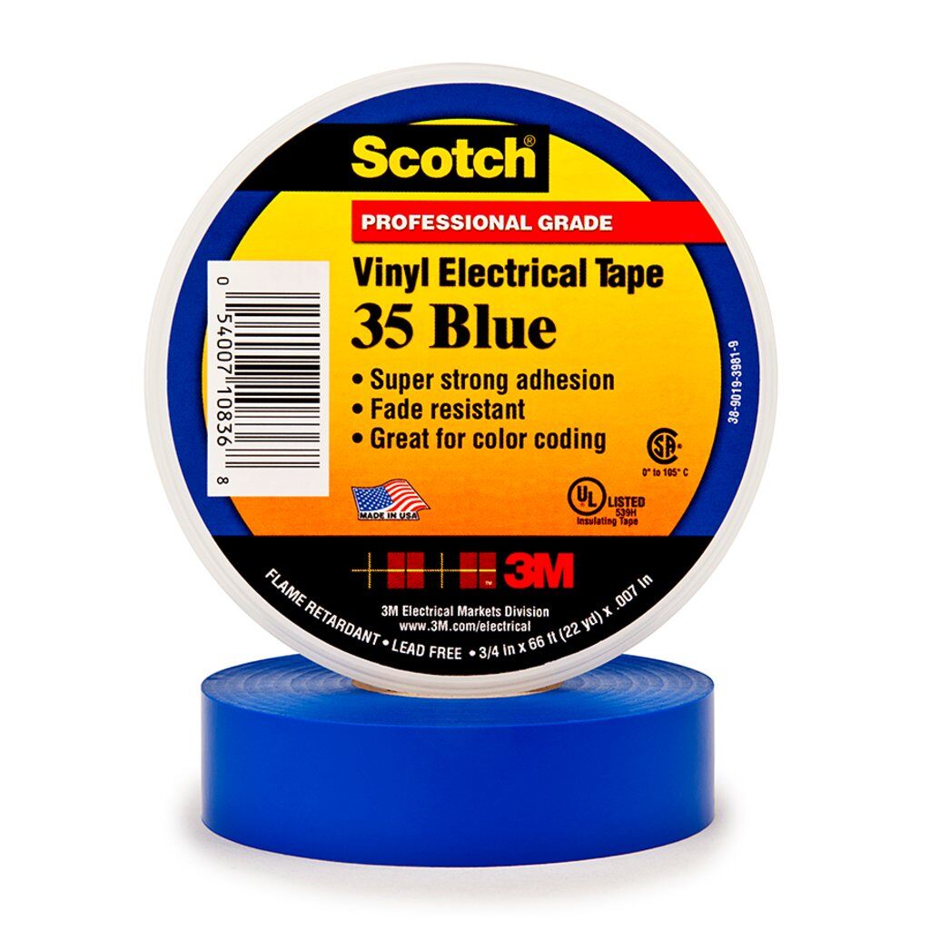 Electrical Tapes 3M 35-1/2X20BL Professional Grade Vinyl Electrical Colour Coding Tape 35 in Blue (7 mil x 1/2 Inch x 20 ft)