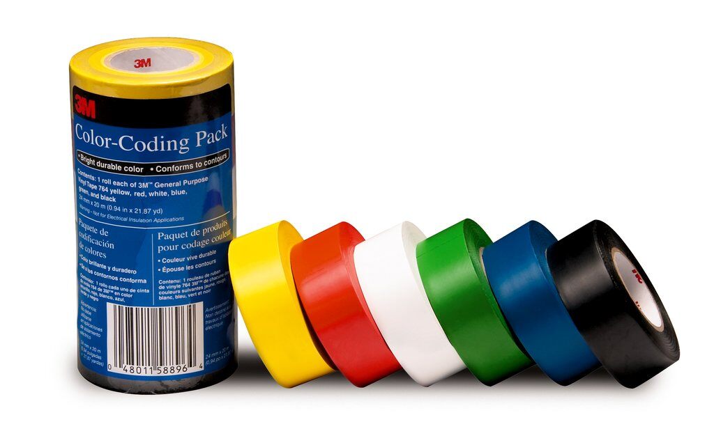 3M 764-CODINGPACK 3M General Purpose Vinyl Tape, 764, colour coding, 49.0 in x 36.0 yd (124.5 cm x 32.9 m) 3M 764-CODINGPACK