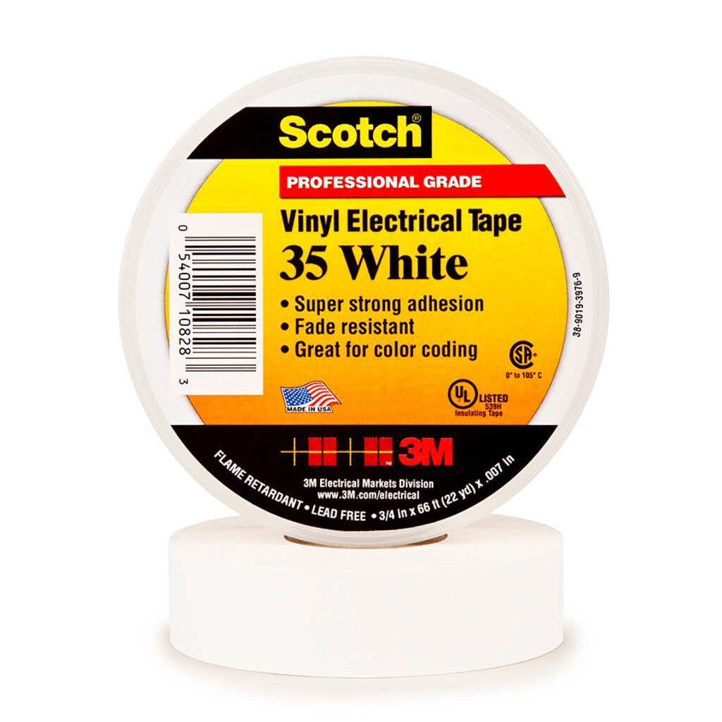 Electrical Tapes 3M 35-1/2X20WH Professional Grade Vinyl Electrical Colour Coding Tape 35 in White (7 mil 1/2 Inch x 20 ft)
