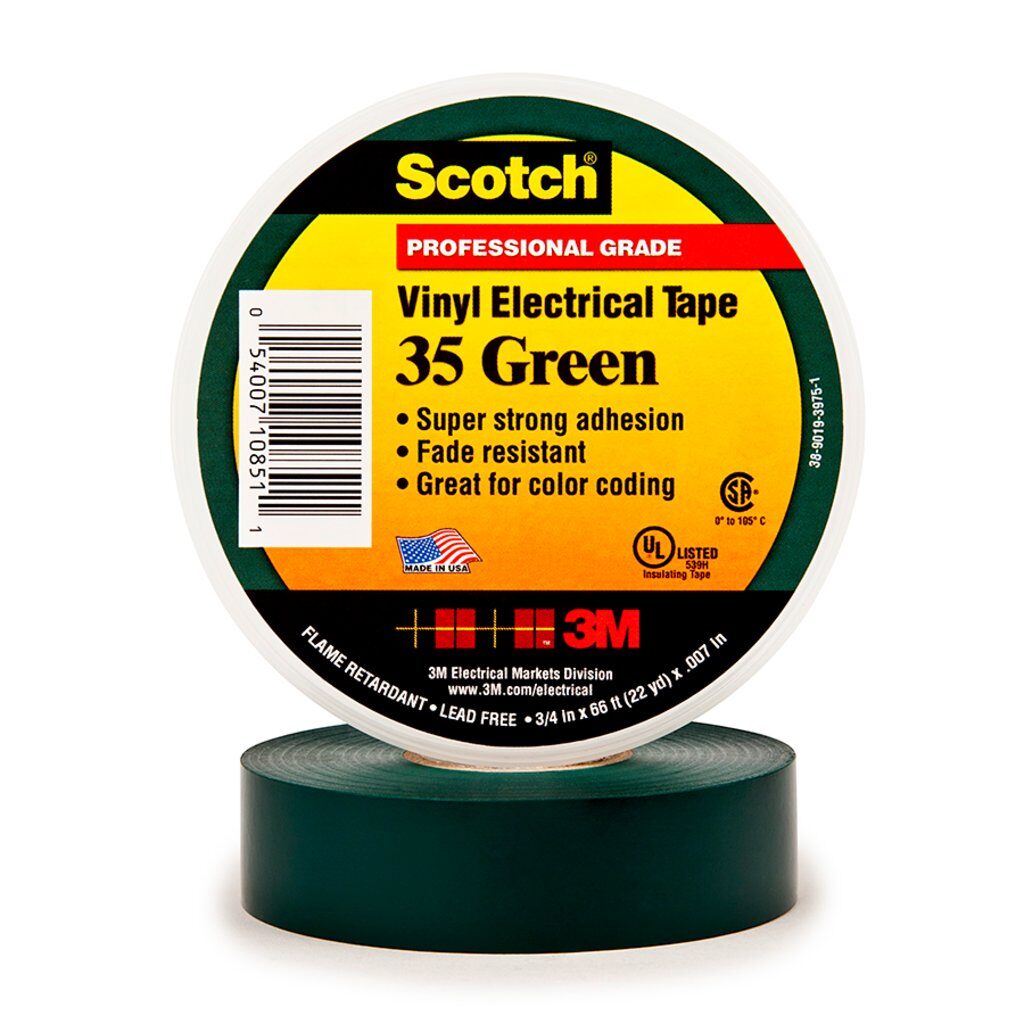 Electrical Tapes 3M 35-1/2X20GR Professional Grade Vinyl Electrical Colour Coding Tape 35 in Green (7 mil 1/2 Inch x 20 ft)
