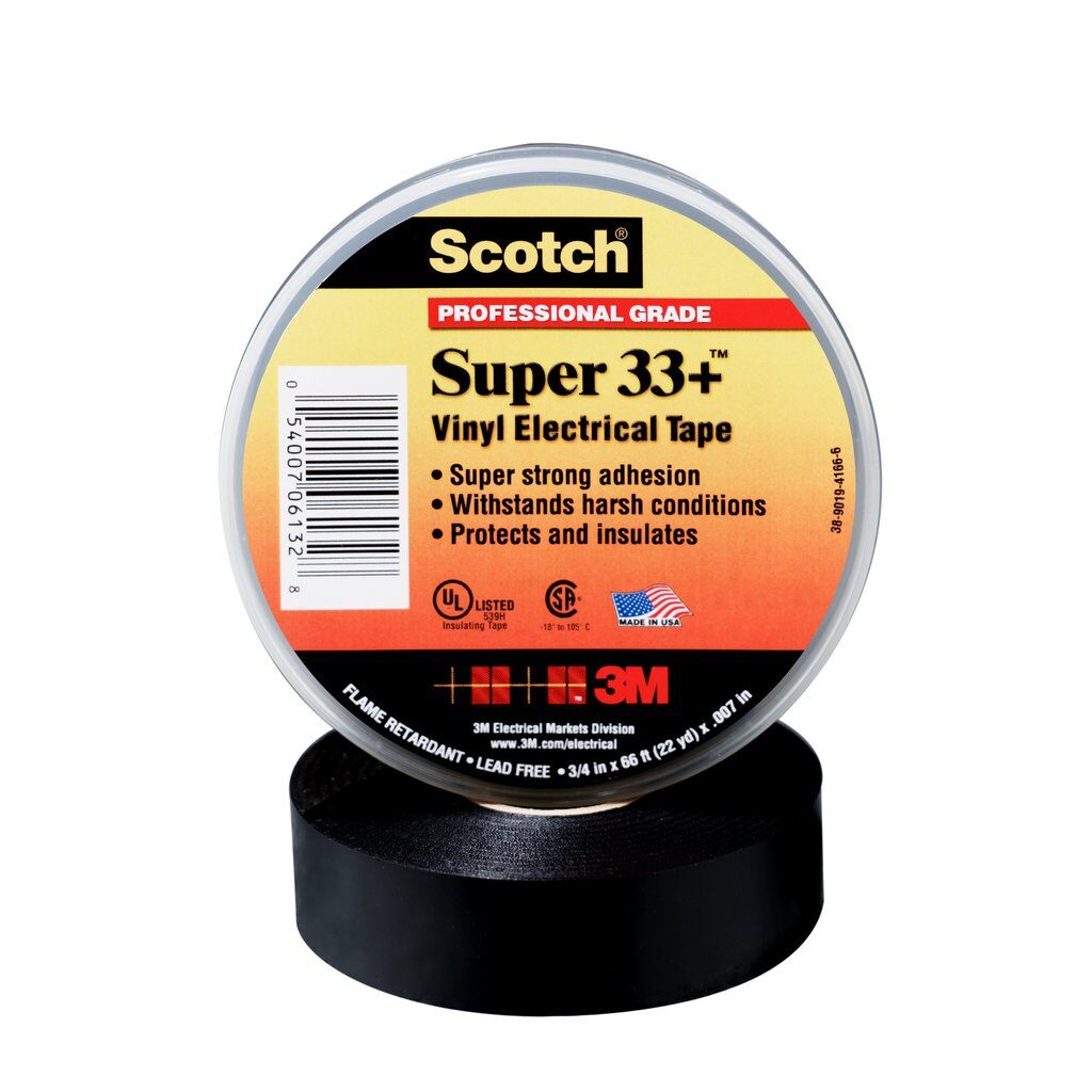 Electrical Tapes 3M SUPER33-1-1/2X36 Super 33+ Professional Grade Vinyl Electrical Tape Black 7mil (0.18mm) 1-1/2 Inchx 108 ft (38mm x 33 m)