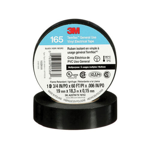 3M 165BK4A 3M Temflex General Use Vinyl Electrical Tape Black 3/4 in x 60 ft (19 mm x 18 m) 6 mil (0.15 mm) 100 Rolls/Case 3M 7100169254