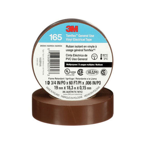 3M 165BR4A 3M Temflex General Use Vinyl Electrical Tape 165 Brown 3/4 in x 60 ft (19 mm x 18 m) 6 mil (0.15 mm) 100 Rolls/Case 3M 7100169191
