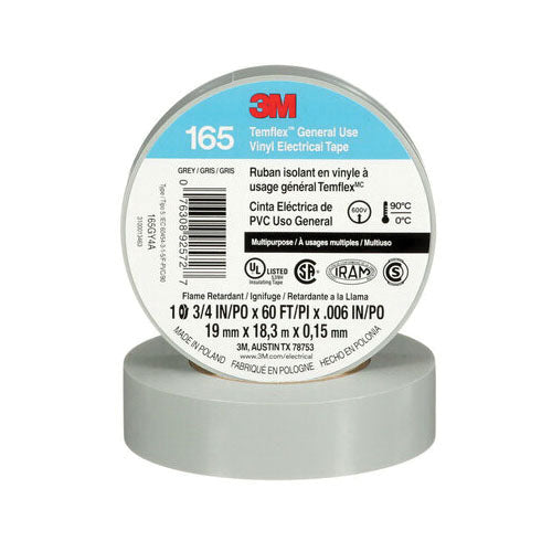 3M 165GY4A 3M Temflex General Use Vinyl Electrical Tape 165 Grey 3/4 in x 60 ft (19 mm x 18 m) 6 mil (0.15 mm) 100 Rolls/Case 3M 7100169192
