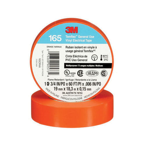 3M 165OR4A 3M Temflex General Use Vinyl Electrical Tape 165 Orange 3/4 in x 60 ft (19 mm x 18 m) 6 mil (0.15 mm) 100 Rolls/Case 3M 7100169433