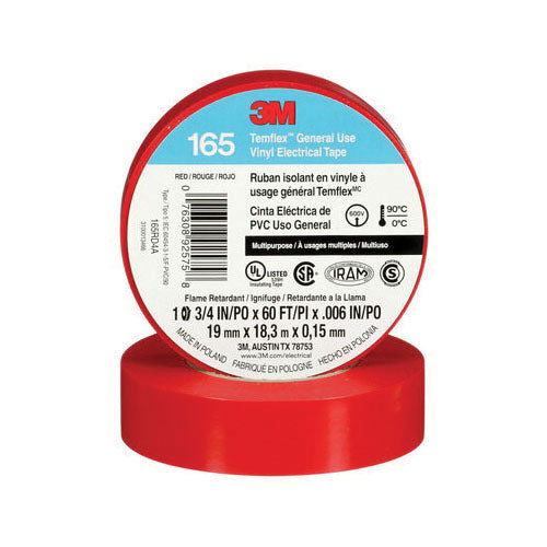 3M 165RD4A 3M Temflex General Use Vinyl Electrical Tape 165 Red 3/4 in x 60 ft (19 mm x 18 m) 6 mil (0.15 mm) 100 Rolls/Case 3M 7100169492