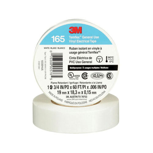 3M 165WH4A 3M Temflex General Use Vinyl Electrical Tape 165 White 3/4 in x 60 ft (19 mm x 18 m) 6 mil (0.15 mm) 100 Rolls/Case 3M 7100169491