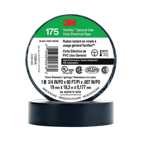 3M 175BK4A 3M Temflex General Use Vinyl Electrical Tape 175 Black 3/4 in x 60 ft (19 mm x 18 m) 7 mil (0.177 mm) 100 Rolls/Case 3M 7100188506